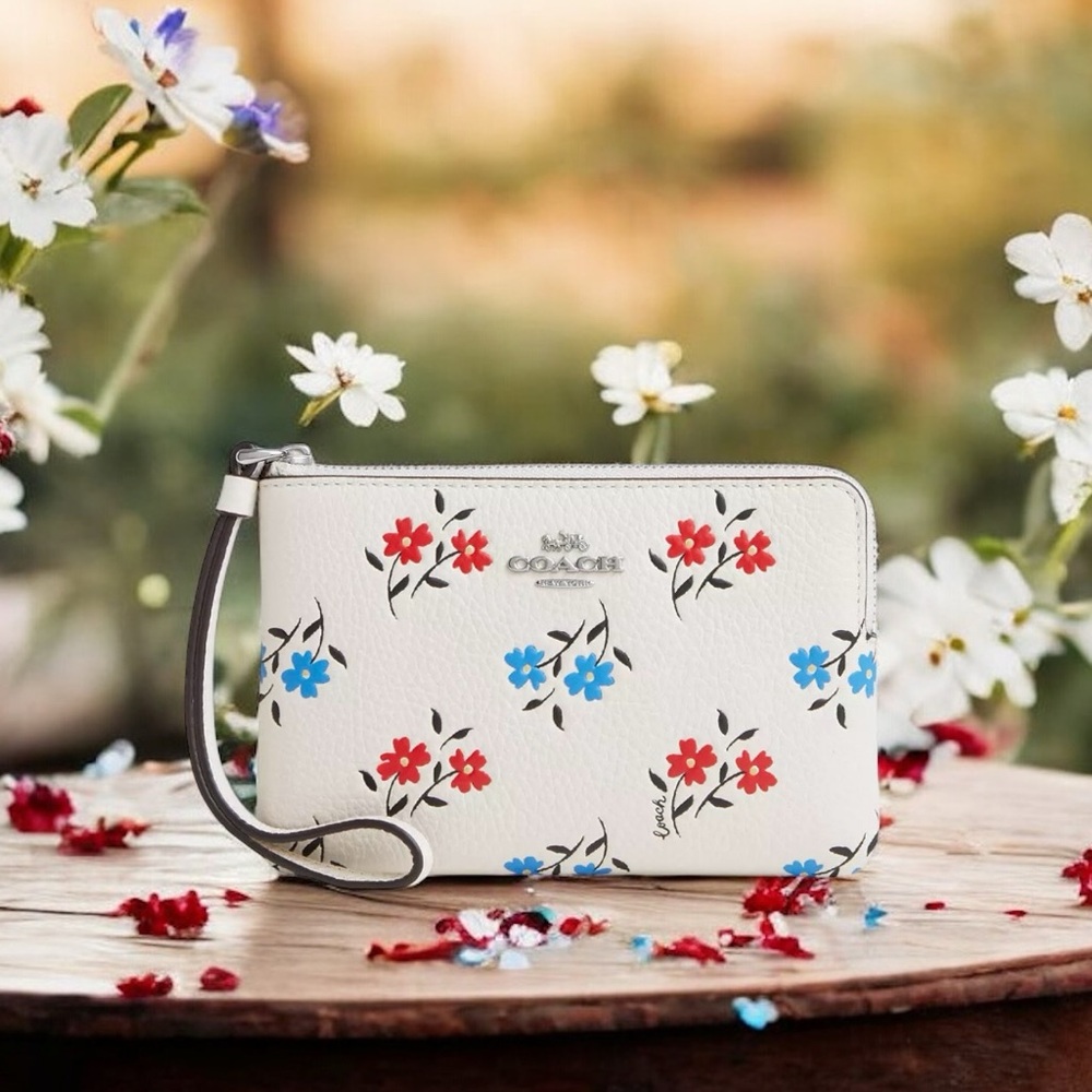COACH Floral Zip Wristlet - White with Red & Blue Flowers